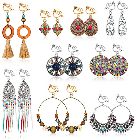 Hifot 9 Paare Boho Ohrclips für Damen Ohne Ohrlöcher, Silber Gold Ohrringe Quasten, Geometrisch Anhänger für Ohrringe, Schmuck Zubehör Ohrclips Mädchen für Nicht Durchbohrte