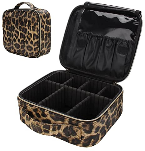 Uongeod Reise Kosmetiktasche Leopardenmuster PU Leder Make up Tasche Organizer-Koffer mit verstellbaren Trennwänden Kosmetiktasche Damen