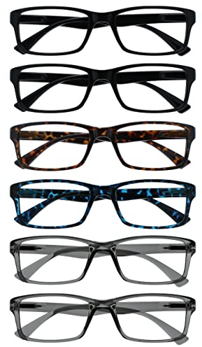 OPULIZE Pep Gafas de Lectura Pack de 6 Montura Cuadrada Clásica para Todos los Días Negro Marrón Azul Gris Resistente a los Arañazos Bisagras con Muelle Hombre Mujer RRRRRR92-112377 +2.50