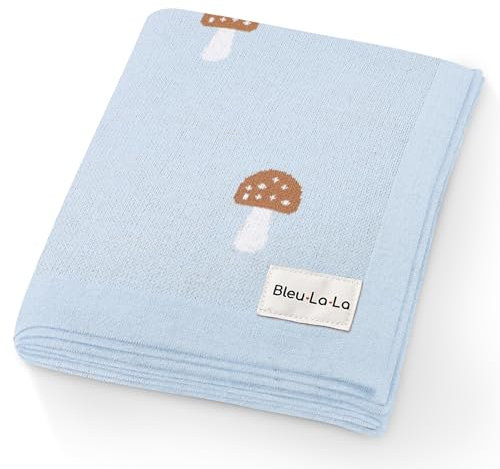 Bleu La La Babydecke - 100% Luxuriöse Weichbaumwollstrick Warme Gemütliche Kuscheldecke für Kinderwagen und WiegePuckdecke für Neugeborene Säuglinge und Kleinkinder (Pilz -Blau)