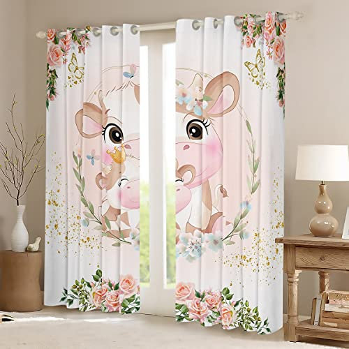 Loussiesd Lindas cortinas opacas de vaca lechera para dormitorio, sala de estar, cortinas opacas de vaca de dibujos animados, diseño floral, vaca lechera, animales, oscurecimiento de sueños,
