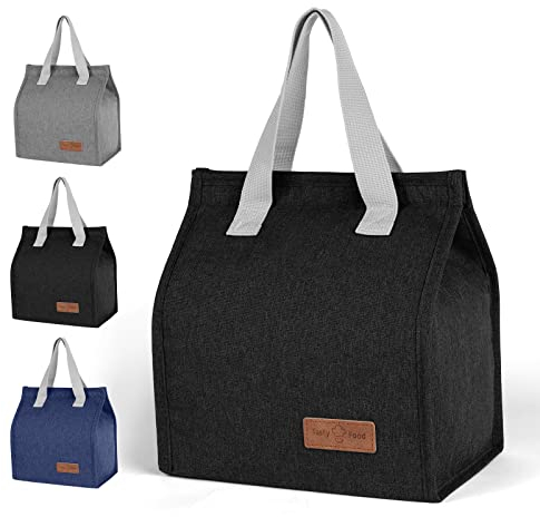 Vicloon Lunch Bag, Klein Lunchtasche, Faltbare Isoliertasche, Thermotasche mit Folienfutter, Mittagessen Tasche für Unterwegs, Arbeit, Schule, Ausflug Lebensmitteltransport - Schwarz