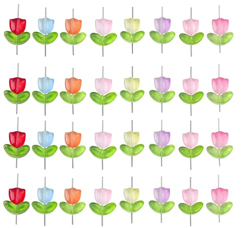 Flower Beads, 160Pcs Tulip Glass Translucent Bracelet Beads Colorful Handcrafted Crystal Loose Glass Bead for Crafts DIY Jewelry Making Bracelet Hair Accessories Earring Spring Summer