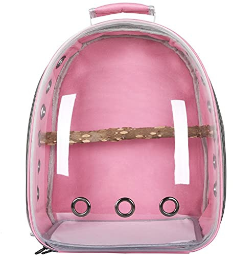HEITIGN Fågelbärare ryggsäck bur transparent papegoja bärare 1 pinne trä stående abborre 12 hål ventilera transparent utrymme kapselbärare bärbar fågel litet djur resebur (rosa)
