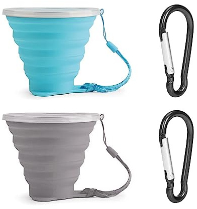TAFACE 2 Stück Faltbare Trinkbecher aus Silikon, tragbar, mit Deckel, leicht und einziehbar, für Camping, Reisen, Picknick (Grau, Blau)