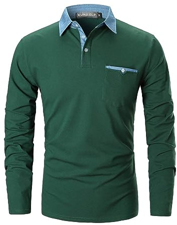 KUNJLELP Poloshirt Herren Langarm, T Shirts Männer, Hemd Herren Denim-Splice T-Shirt Golf Polo Shirt,Grün,XL