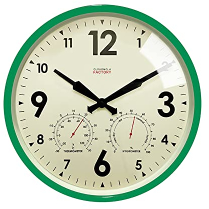 Cloudnola Wasserdichte Metall-Wanduhr für drinnen und draußen, mit Thermometer und Hygrometer, grün, 30,5 cm, leise, nicht tickend, batteriebetrieben, hochwertige Quarz-Uhr für Terrasse und