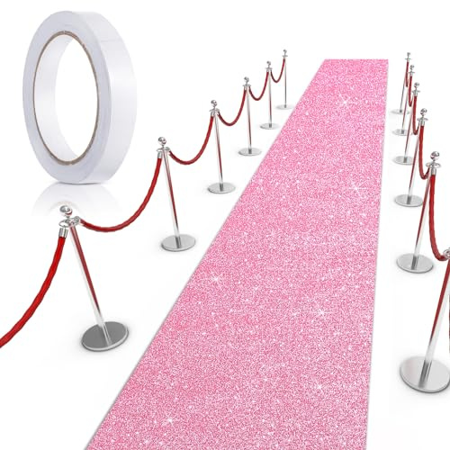 Tatuo Carpet Runner for Party 4.6 x 60 Feet Runway Rug 55 GMS Thickness with Tape for Prom Wedding Outdoor Indoor Hallway Party Decoration(4.6 x 16.4 Feet,Glitter Pink)