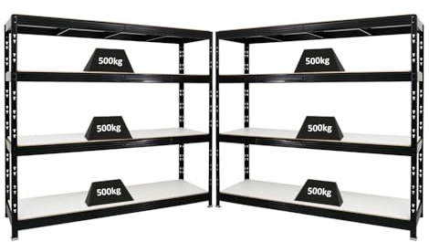 PROREGAL Mega Deal | 2X Profi Schwerlastregal Rhino | HxBxT 180x200x60cm | 4 Melamin-Ebenen 16mm | Fachlast 500kg | Schwarz | Garagenregal Lagerregal Steckregal Weitspannregal