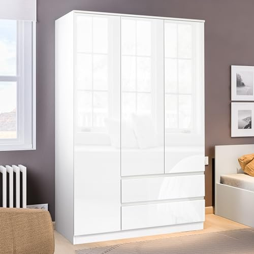 Wardrobes for Bedroom High Gloss 3 Door 2 Drawer Wardrobe with Shelf Hanging Rail Cloth Storage Wooden Wardrobe with Drawer Large Cupboard Bedroom Furniture, White