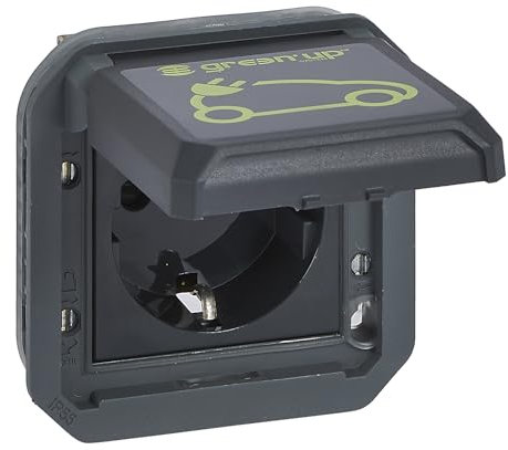 Legrand, Plexo New Insertion, Prise de courant pour pièce humide IP-EV, Chargement de véhicules électriques, 230V, 16A, IP55, connexions automatiques, standard Schuko, couvercle à rabat intégré avec