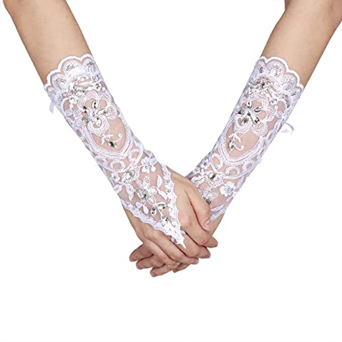 plplaaoo Braut-Brauthandschuhe, fingerlose Spitzenhandschuhe, lange Hochzeitshandschuhe, Hochzeitshandschuhe im Vintage-Stil, elfenbeinfarben, weiß, Spitze, Braut, Braut, Strass, sexy, (Beige)