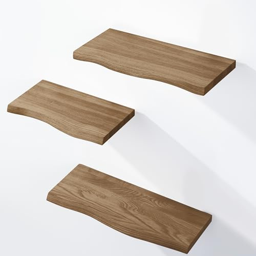 LAMO Manufaktur 3 Stück Wandregal aus Holz mit unsichtbarer Befestigung 40/35/30cm | Wandregal aus 100% echtem Holz | Hängeregal für Wohnzimmer, Wandregale Set 1 Baumkante Farbe: Nussbaum
