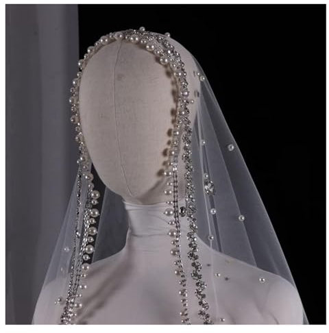 WEITINGKKK Hochzeit Brautschleier, 2 * 1M Vintage Perlen Braut Schleier Mit Strass Weiß Elfenbein Farbe Braut Schleier Hochzeit Kopfschmuck(Ivory Veil)