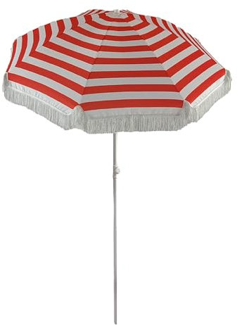 1,8 m kleiner roter gestreifter Terrassenschirm mit Fransen, LSF 50+, Sonnenschirm für Pool, Balkon, Garten, höhenverstellbar, neigbar, für den Außenbereich, Strandschirm