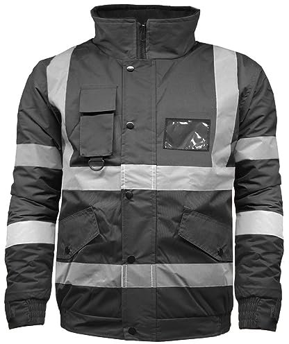 Hi Vis High Visibility Safety Security Reflective Protective Waterproof, Windproof Padded Workwear Bomber Jacket Coat With Concealed Hood Black XXL
