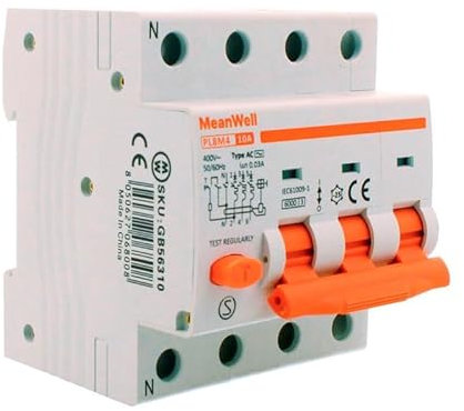 MeanWell Interruttore Magnetotermico Differenziale Trifase 380V, RCBO 3P+N C10 10A, Tipo AC Curva C 30mA 6000A, 4 Poli Occupa 4 Moduli Barra DIN