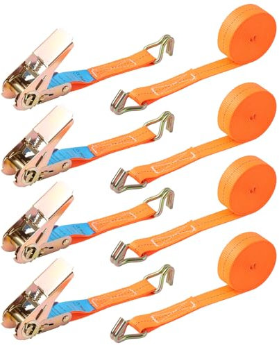 Pamatio 4 x 800 KG Ratchet Straps with Hooks, 5m x 25mm, Heavy Duty Ratchet Strap Tensioning Belts, Adjustable Cam Buckles Strap Lashing Straps for Motorcycles, Car, Trailer(Orange)