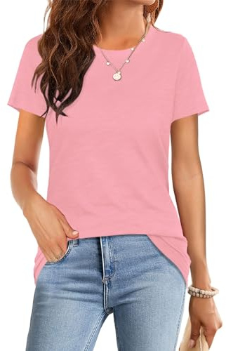 Suncife T-Shirt d'été décontracté Basique à col Rond et Manches Courtes pour Femme, Rose, M