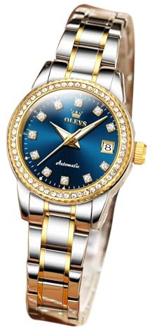 OLEVS Armbanduhr für Damen, lässig, modisch, zierlich, elegant, zierlich, Gold und Blau