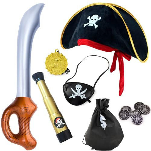 Bssowe 6 Stück Augenklappe Pirat, Piratenkostüm, Piraten Accessoires Damen, Piratenkostüm Herren, Pirat Karneval Kostüm Zubehör mit Hut, Fernrohr, Augenklappe, Messer, Münzbeutel, Halskette Anhänger