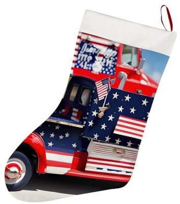 Patriotischer LKW-Weihnachtsstrumpf, roter Filz, Weihnachtsstrümpfe mit weißer, superweicher Plüschmanschette für Weihnachtsbaum, Urlaub, Kamin, Familiendekoration