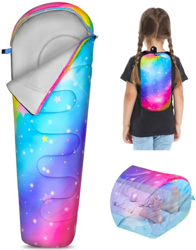 FIOBEE Kids Sleeping Bag for Girls Boys 3 Season Warm & Cool Weather Youth Camping Sleeping Bags with Backpacking Bag Waterproof for Traveling Hiking Indoor Outdoor Camping Essentials, Rainbow