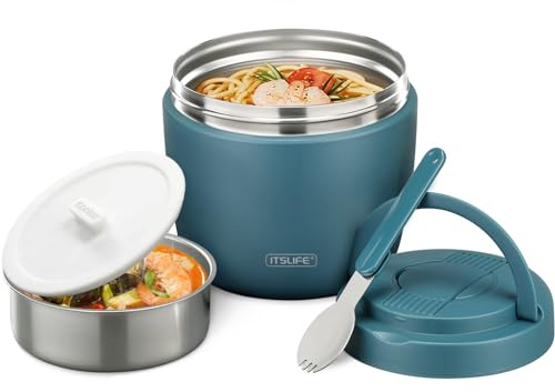 Itslife Thermobehälter für Essen 970ml, Thermoschüssel mit Deckel, Warmhaltebehälter aus Edelstahl mit Löffel, Thermoskanne Essen Auslaufsicher, Thermo Lunchbox für Suppen, Porridge, Hellblau