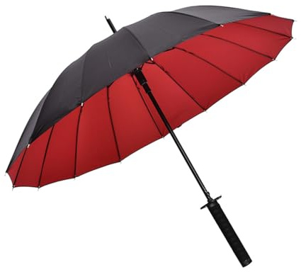 TREWQ Samurai -Schwert Mit Langem Griff Regenschirm,Regen Und Sonnenschutz Und Winddicht,Faserrippen 16 Knochen,105 Cm/41 Durchmesser,Golfschirme,geeignet Für 1 Oder 2 Pe Red black 2