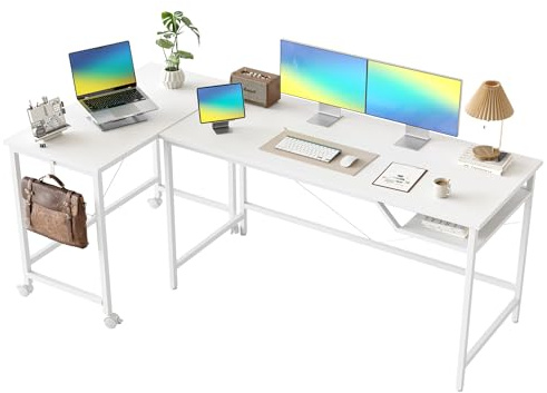 Mericonia 160 cm Computertisch mit Rollen, umschaltbarer L-förmiger Spieltisch, Homeoffice-Arbeitstisch mit 2 V-förmigen Stangen für das Homeoffice, Studentenarbeitszimmer, Weiß
