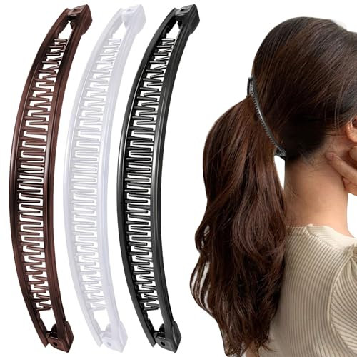 Lot de 3 barrettes à cheveux bananes pour femme - Cheveux fins - Grande pince - Accessoire noir, blanc, marron