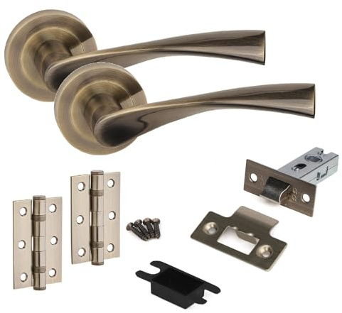 Golden Grace Astrid Door Handles Latch & Hinge Set, Antique Brass, 1 Set | Includes 63mm latch, 3-inch ball bearing hinges and fixings for a quick setup on interior doors. Fits rose base.