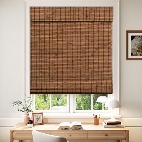 LazBlinds Cordless Blackout Bamboo Roman Shades, Room Darkening Blinds for Interior Windows, Thermal Insulated Roll Up Bamboo Blinds for Home & Patio, 23 W x 64 H, Penang Teak