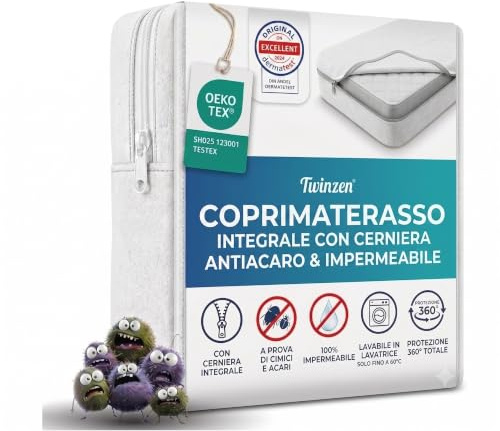 Twinzen - Funda Colchón Anti Chinches - 150x200 x25 cm - con Cremallera | Antiacáros · Protector Colchón Impermeable · Superficie Algodón Rizo · Hipoalergénico · Lavable a 60°C · Bi-Ome · Oeko-TEX