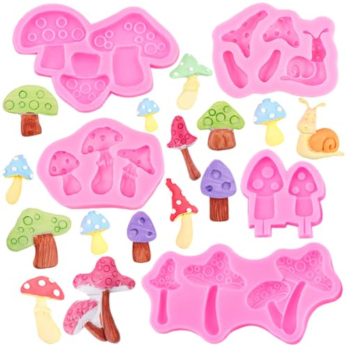 5 PCS Mushroom Silicone Moulds Snail Fondant Mould Mushrooms Cake Candy Mold Chocolate Baking Tools for Cake Decorating Cupcake Topper Polymer Clay Candy Chocolate Gum Paste