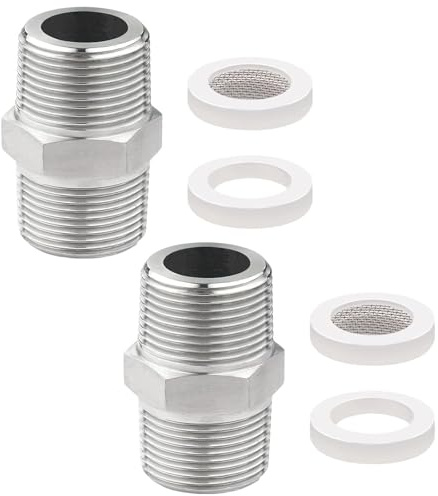 2 Stück Doppelnippel 1/2 Zoll, Duschschlauch Adapter Edelstahl Verbinder Verlängerung Gewindefitting Adapter mit 2x Bubbler Spüle Belüfter Filter Element 2x Dichtungen aus hochwertigem Messing