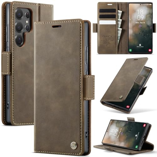 Cracedily Handyhülle für Samsung Galaxy S22 Ultra Hülle Premium PU Leder Klappbar Stoßfeste Tasche Flip Case [RFID Blocker] Magnet Kartenfach Standfunktion Klapphülle Schutzhülle für S22 Ultra, Kaffee
