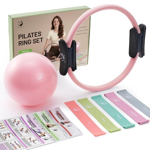 Slim Panda Set di anelli da pilates da 35,5 cm, con manici imbottiti, include palla da pilates, fasce di resistenza, guida e borsa per il trasporto