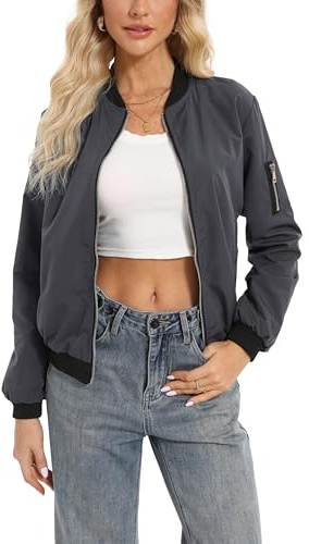 Oyamiki Bomberjacke Damen Langarm Übergangsjacke Kurze Blouson Casual Jacke Herbst Leichte Outwear Pilotenjacke mit Taschen