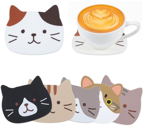 Nogeqi 6 Stück Katzen Untersetzer Silikon Glasuntersetzer rutschfest Hitzebeständige Katze Untersetzer Gläser, Tassenuntersetzer Cute Cat Cup Coasters Katzen Deko Geschenk für Katzenliebhaber