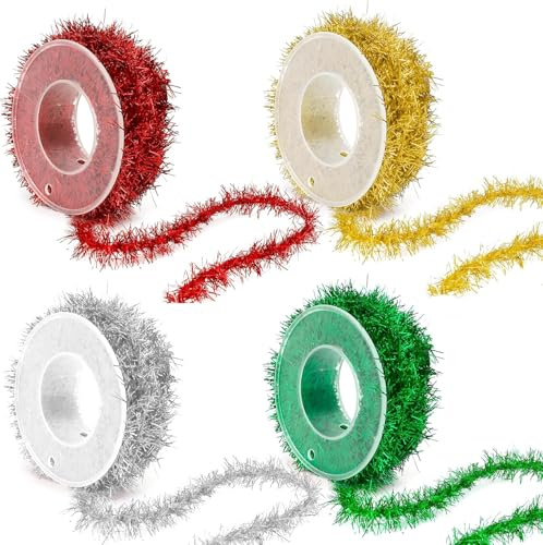 Flankor Christmas Tinsel Garland 4 Color Mini Tinsel Garland for Christmas Tree Decorations Xmas Tinsel Glitter Ribbon for Birthday Wedding Gift Wrapping