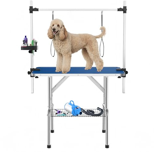 Baohe DC 46 Professional Dog Grooming Table - Adjustable Height Portable & Foldable Grooming Table for Dogs at Home, Stainless Steel with Tool Storage & Restraint Straps for Large Dogs