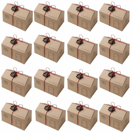Floatdream 16 Piezas Cajas Pequeñas Forma de Casa, Caja de Dulces de Papel Kraft, De Cartón Para Bodas Fiestas Con Cuerdas de Rojo y Etiquetas, Para Embalaje Regalo