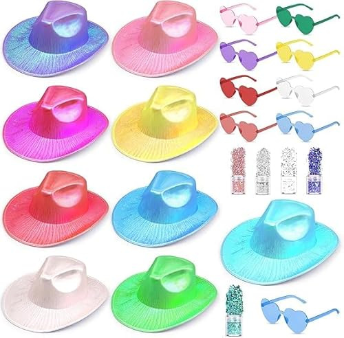 Xaztr 9 Stück Glitzer Cowboyhüte, Holografischer Space Cowgirl Hut mit Herzbrillen und Glitzer, Metallic Cowboy Partyhüte für Damen und Herren