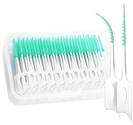 CATMEYE 300 Stück Interdentalbürsten, Weiche Silikon Zahnzwischenraumbürsten mit Box, Tragbarer Dual-Use Zahnseide Stick für Zahnreinigung, Zwischenräume und Empfindliches Zahnfleisch(Grün)