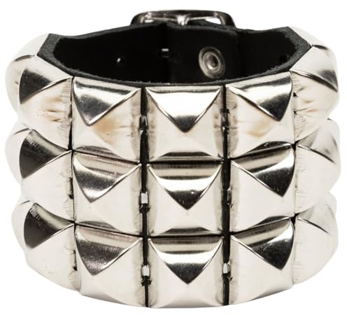 Heart Rock Bracciale uomo pelle vera regolabile con borchie a piramide 3 File, fibbia regolabile da 17 a 20,5 cm e minuteria in ferro nickel free - Made in italy