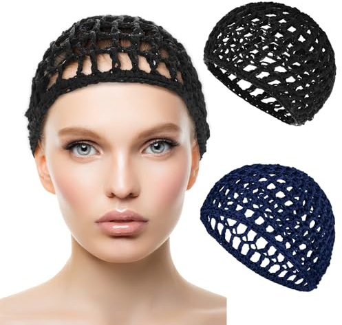WLLHYF 2 STÜCKE Haarnetze Mütze Schlafen Haarnetz Snoods Wrap Bonnets Lange Gerade Locken Perücke Kopfschutz Schwarz Mesh Wrapping Häkelwelle Kochmützen Weben Nähen Für Frauen
