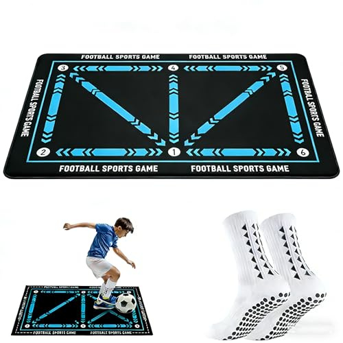 Football Training Mat with App - Soccer Mastery Skills Mat 80 x 50m- Dribble, Ball Control & Stress Relief Footstep, Birthday Gift for Boys, Kids, Him & Her (Mat + Socks Blue)