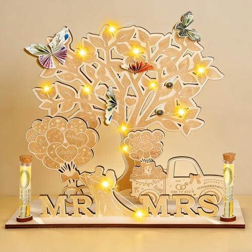ShinePick Geldgeschenk Hochzeit, Just Married Hochzeitsgeschenke für Brautpaar, Hochzeitsgeschenk Geld mit Lebensbaum Deko, Hochzeit Geldgeschenk Inklusive MR&MRS Deko und LED-Lichterketten