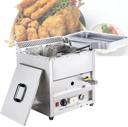 FgdVrelnor Friteuse à Gaz 23L, 2 Paniers Indépendants,Bac de récupération d'huile,Température Réglable 50–300°C, INOX,pour Cuisine Professionnelle